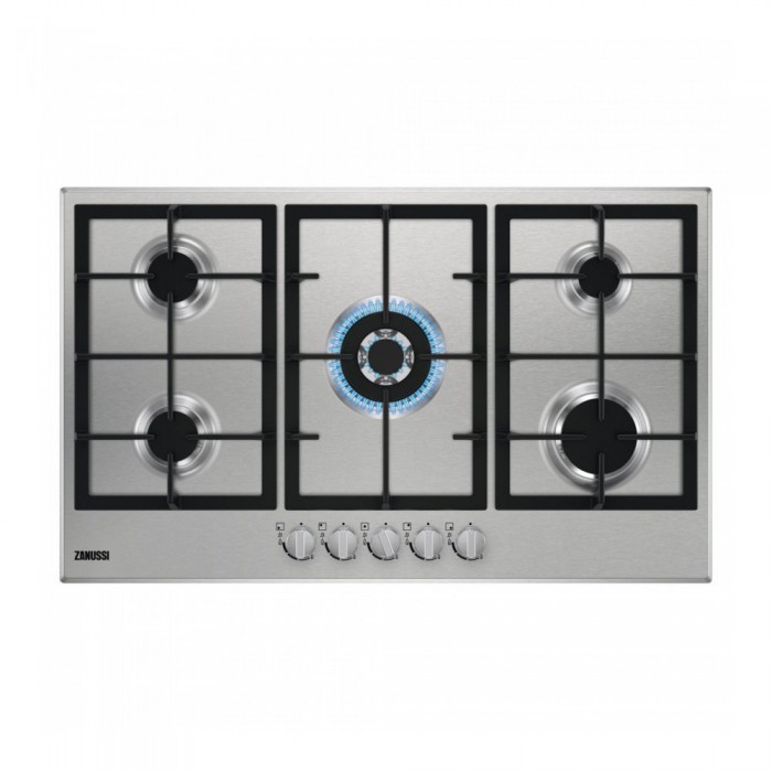 Zanussi Gaskookplaat met Wok (86 cm). 5-pits Zanussi ZGH96524XSPB Inbouw | Gaskookplaatshop.nl